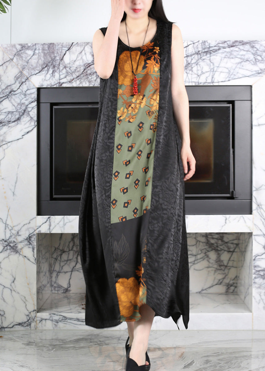 Casual Black O-Neck Print Side Open Silk Maxi Dress