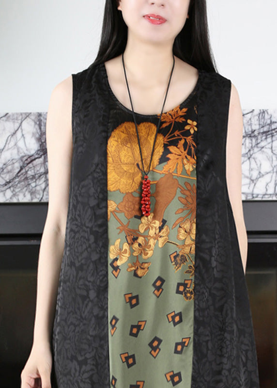 Casual Black O-Neck Print Side Open Silk Maxi Dress