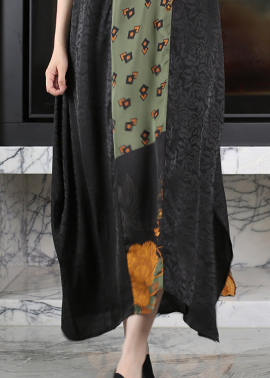 Casual Black O-Neck Print Side Open Silk Maxi Dress