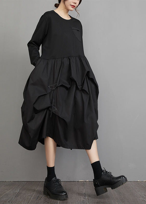 Casual Black O-Neck Wrinkled Patchwork Maxi Lantern Dresses Long Sleeve