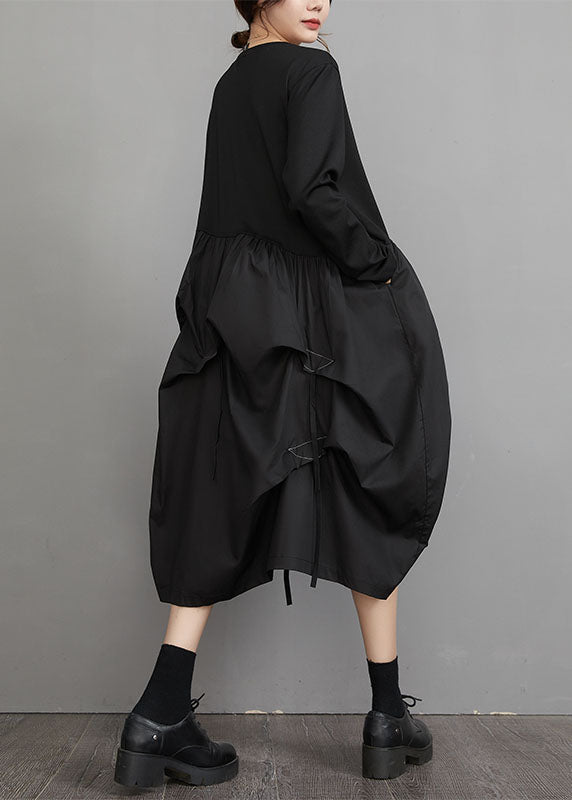 Casual Black O-Neck Wrinkled Patchwork Maxi Lantern Dresses Long Sleeve