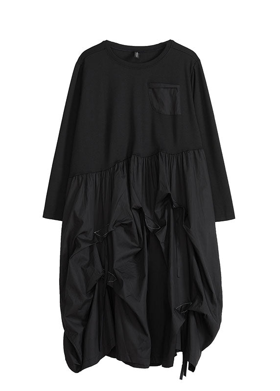 Casual Black O-Neck Wrinkled Patchwork Maxi Lantern Dresses Long Sleeve