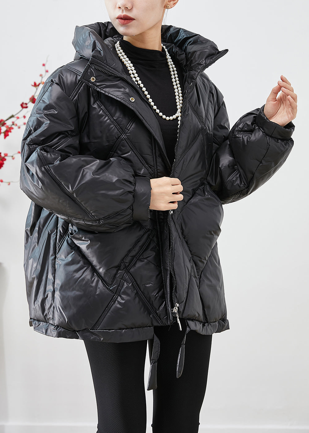 Casual Black Oversized Drawstring Fine Cotton Filled Witner Jacket