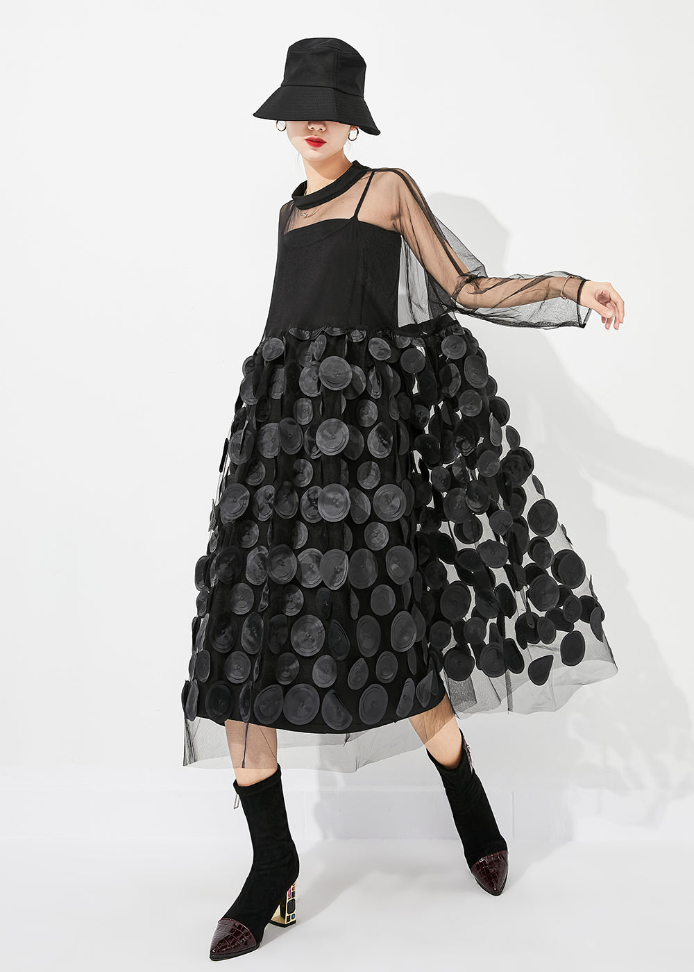 Casual Black Oversized Patchwork Hollow Out Tulle Long Dress Summer