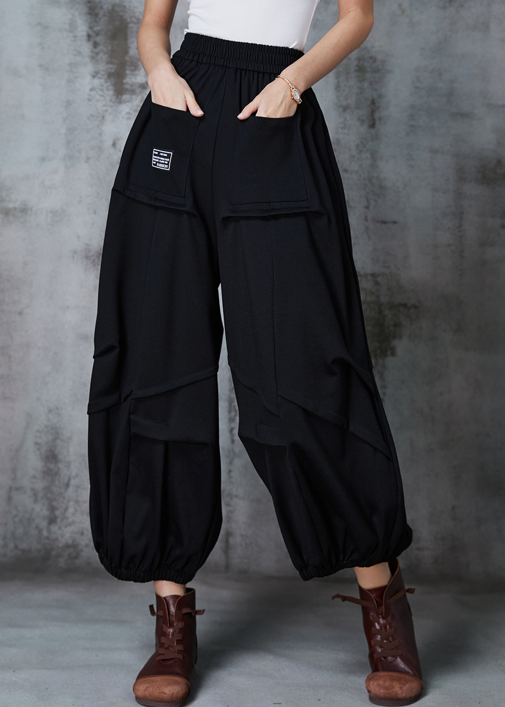 Casual Black Oversized Wrinkled Cotton Harem Pants Spring