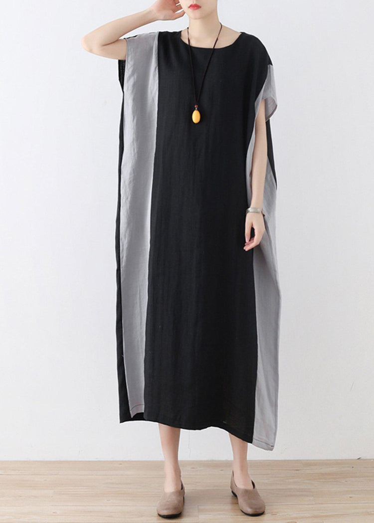 Casual Black Patchwork Bat wing Sleeve Mid Summer Linen Dress - Omychic