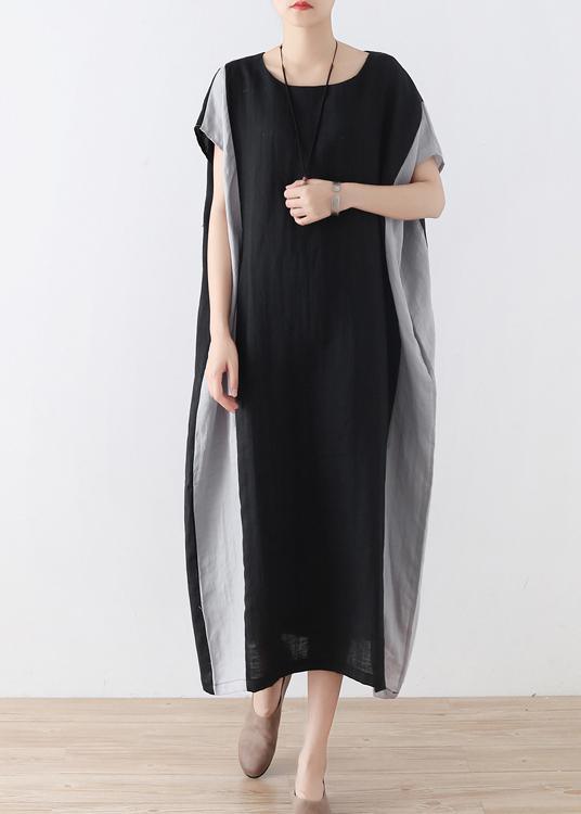 Casual Black Patchwork Bat wing Sleeve Mid Summer Linen Dress - Omychic