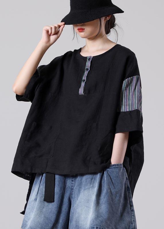 Casual Black Patchwork Cotton Linen Tops Summer - Omychic