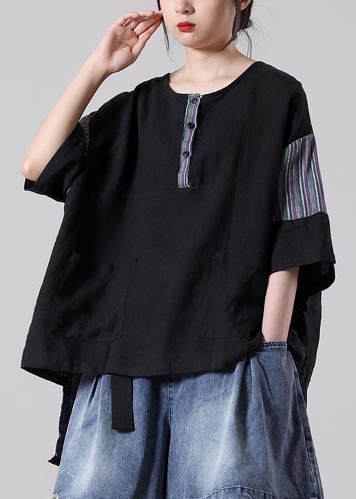 Casual Black Patchwork Cotton Linen Tops Summer - Omychic