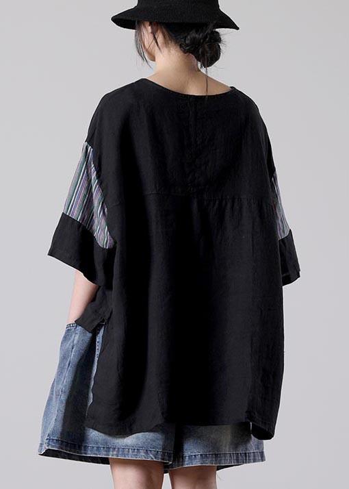 Casual Black Patchwork Cotton Linen Tops Summer - Omychic