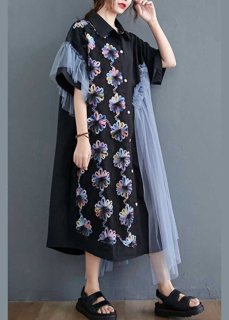 Casual Black Patchwork Tulle Peter Pan Collar Summer Button Dresses Half Sleeve - Omychic