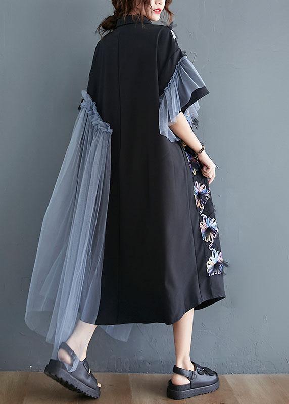 Casual Black Patchwork Tulle Peter Pan Collar Summer Button Dresses Half Sleeve - Omychic