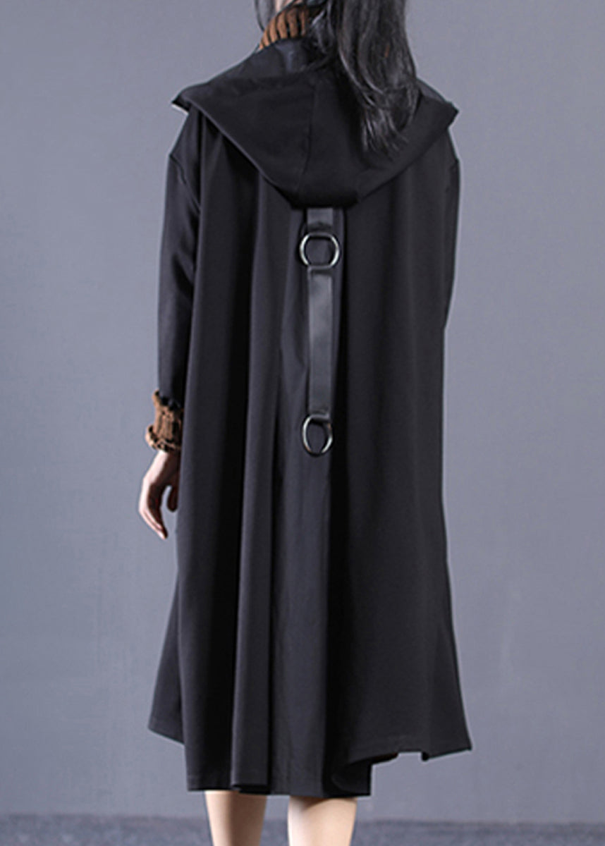 Casual Black Patchwork Zippered Long Hoodie Trench Coat Long Sleeve