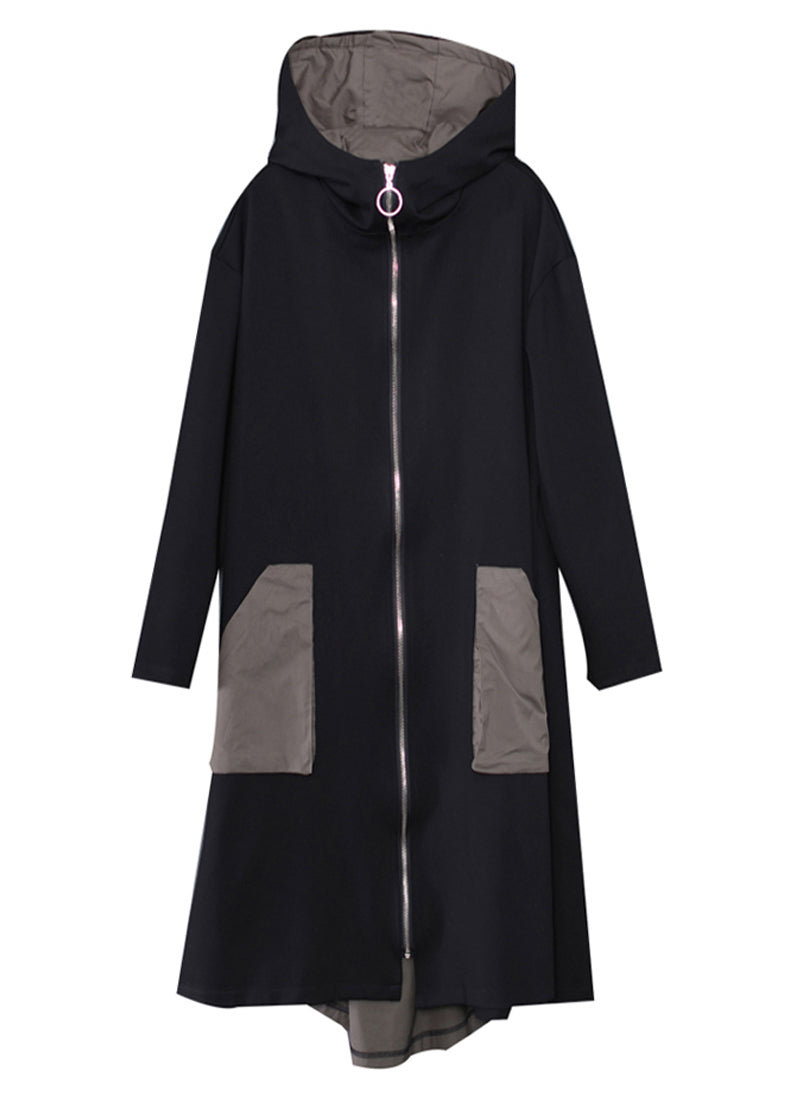 Casual Black Patchwork Zippered Long Hoodie Trench Coat Long Sleeve