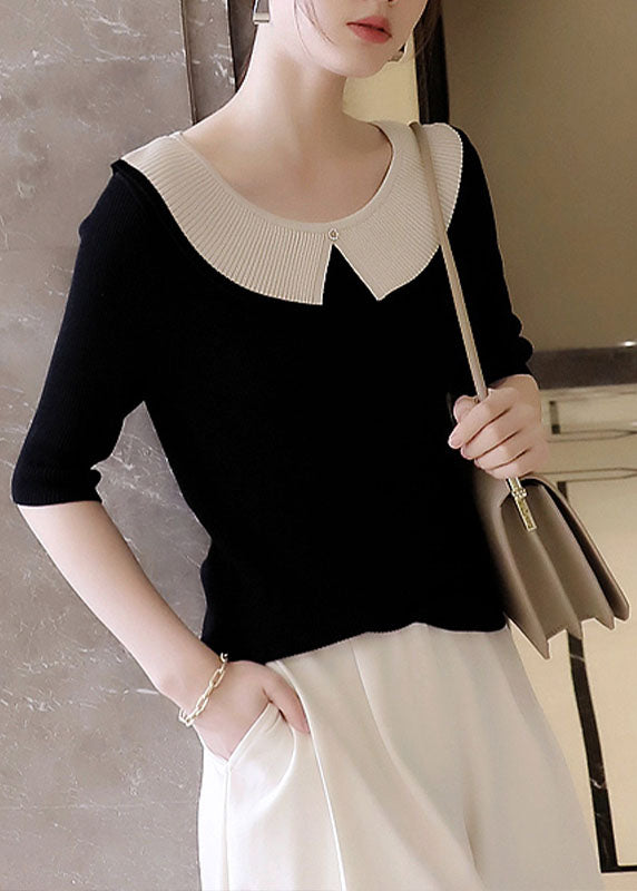 Casual Black Peter Pan Collar Patchwork Knit T Shirt Tops Summer