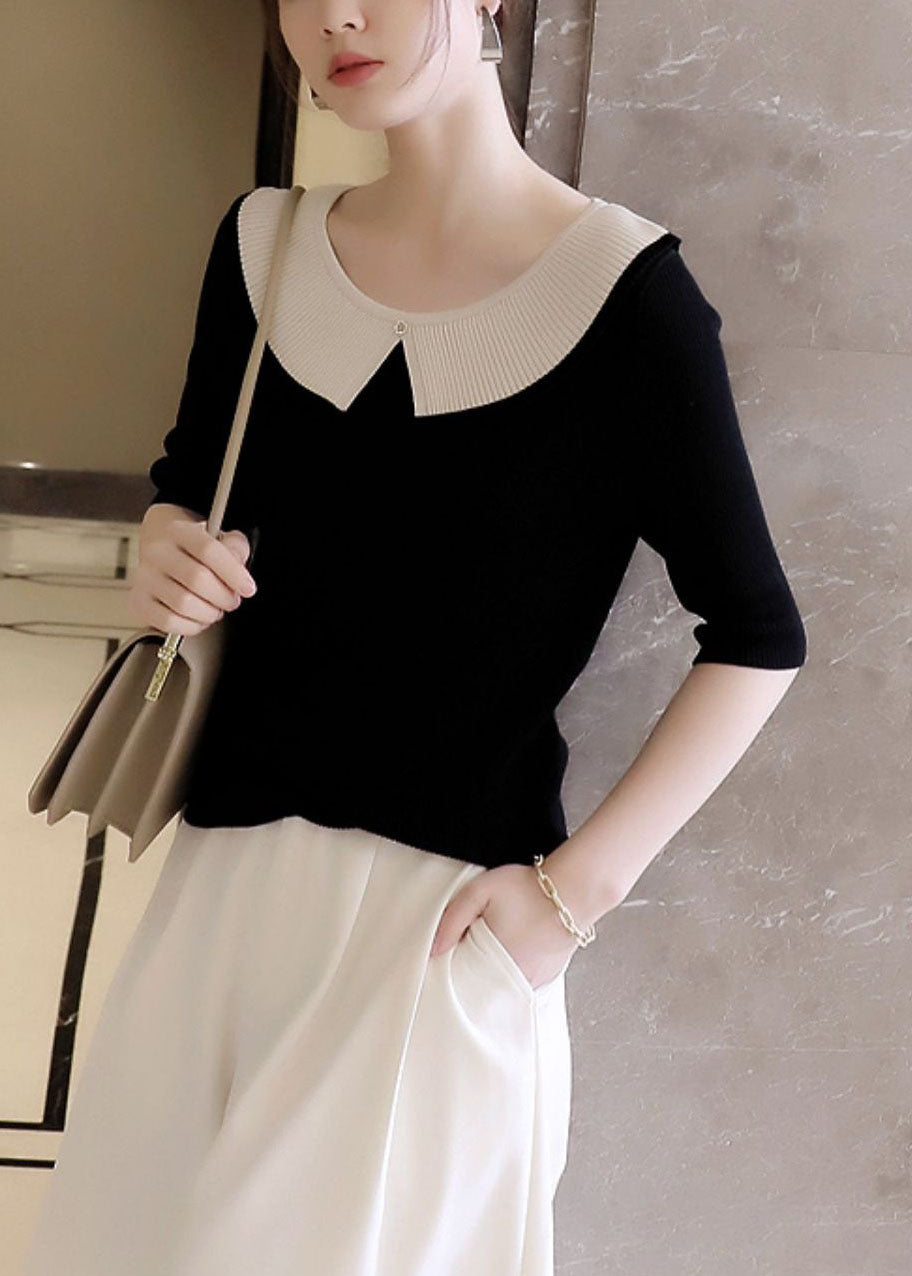 Casual Black Peter Pan Collar Patchwork Knit T Shirt Tops Summer