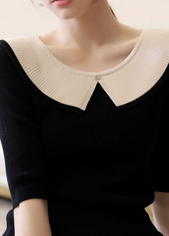 Casual Black Peter Pan Collar Patchwork Knit T Shirt Tops Summer