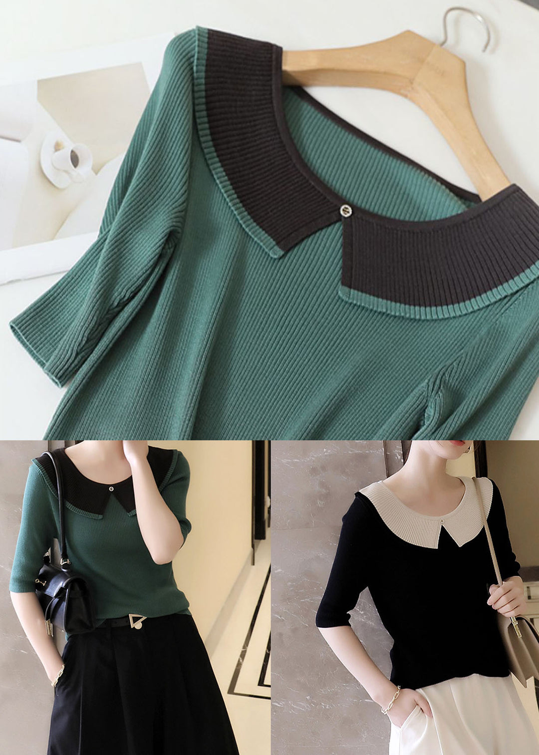 Casual Black Peter Pan Collar Patchwork Knit T Shirt Tops Summer