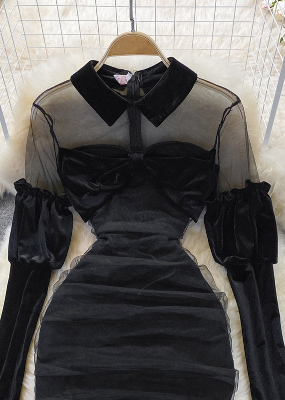 Casual Black Peter Pan Collar Tulle Patchwork Bow Velour Hip Dress Long Sleeve