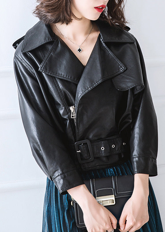 Casual Black Peter Pan Collar Zippered Patchwork Faux Leather Jacket Fall