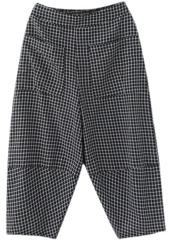 Casual Black Plaid Elastic Waist Pockets Cotton Crop Pants Trousers Summer