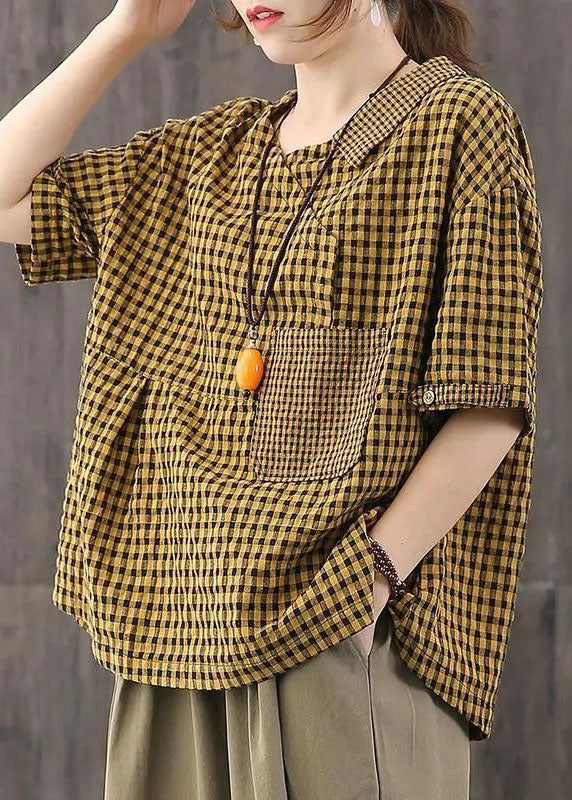 Casual Black Plaid Pockets Patchwork Cotton T Shirt Top Summer