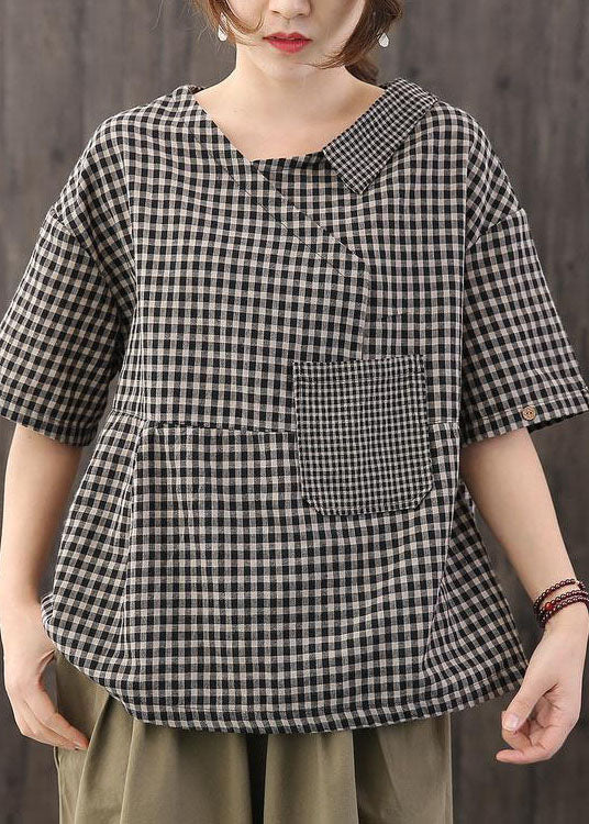 Casual Black Plaid Pockets Patchwork Cotton T Shirt Top Summer