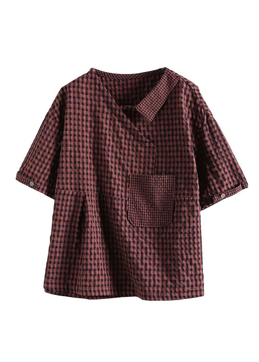 Casual Black Plaid Pockets Patchwork Cotton T Shirt Top Summer