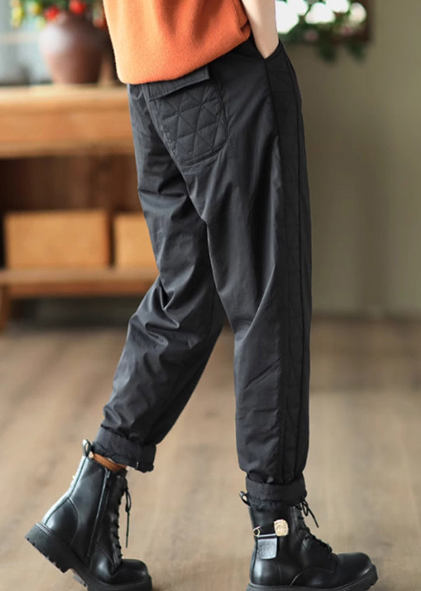Casual Black Pockets Elastic Waist Fine Cotton Filled Pants Winter