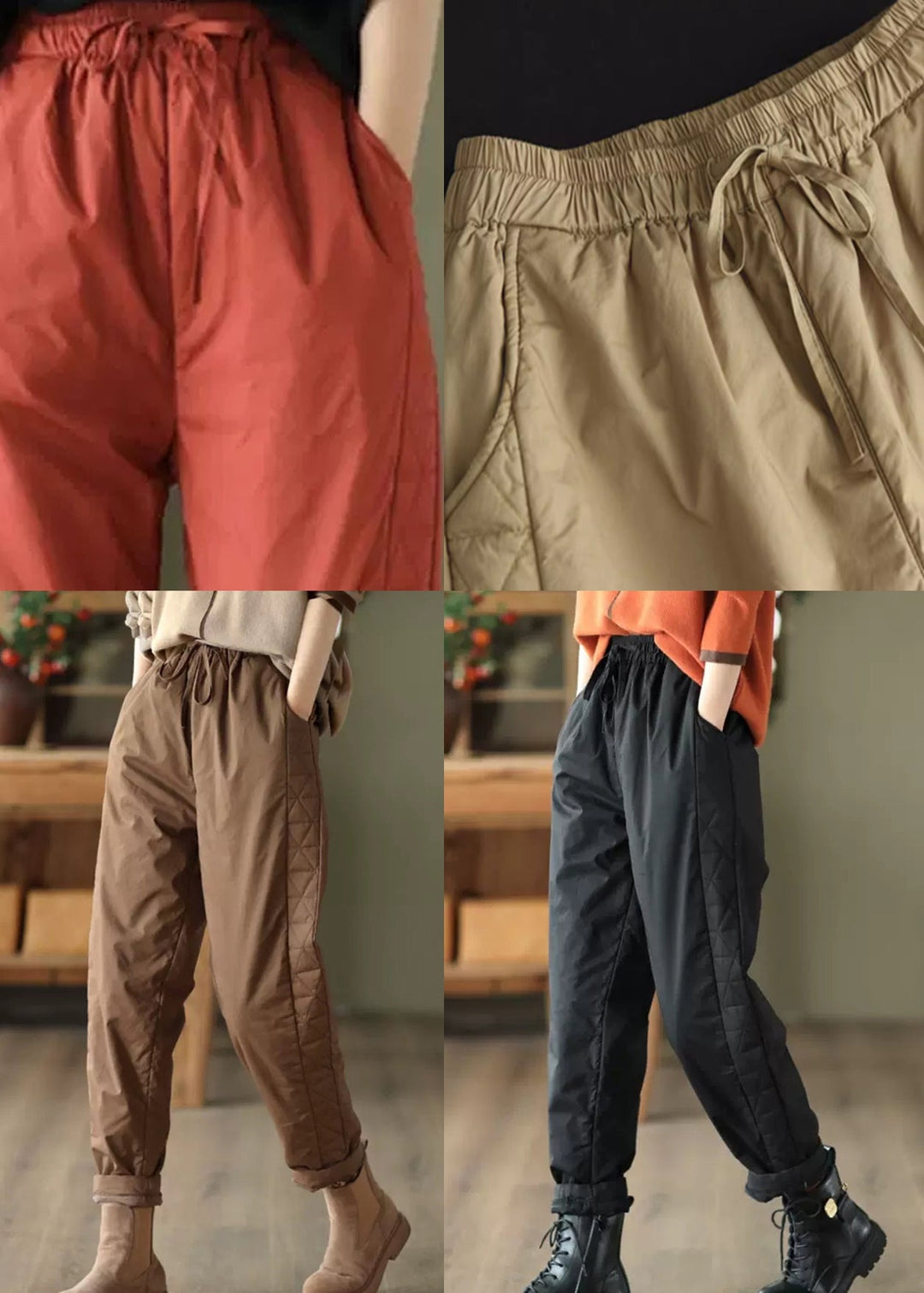 Casual Black Pockets Elastic Waist Fine Cotton Filled Pants Winter