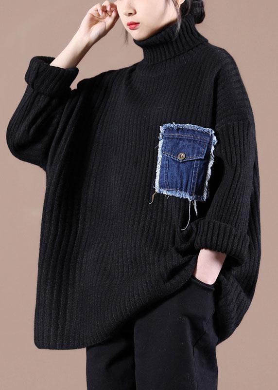 Casual Black Pockets High Neck Fall Knit Top - Omychic