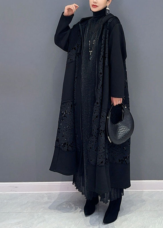 Casual Black Pockets Hollow Out Maxi Hooded Trench Coats Long Sleeve