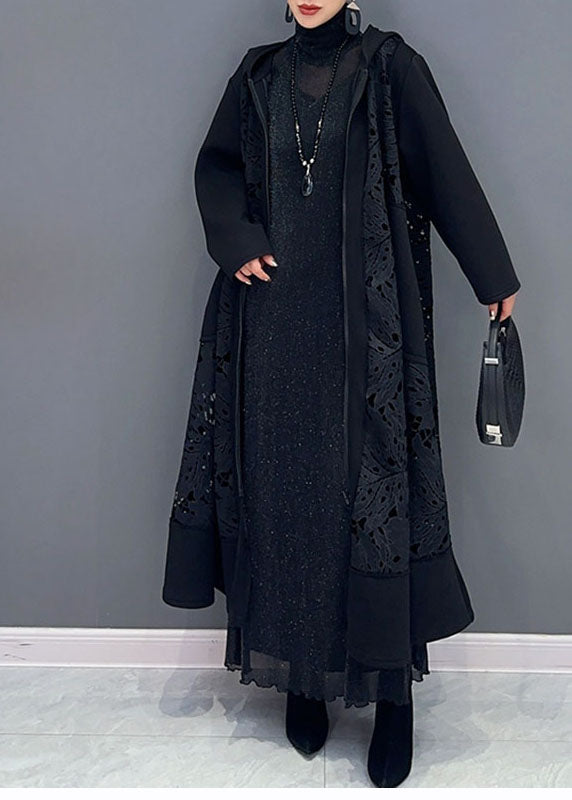 Casual Black Pockets Hollow Out Maxi Hooded Trench Coats Long Sleeve