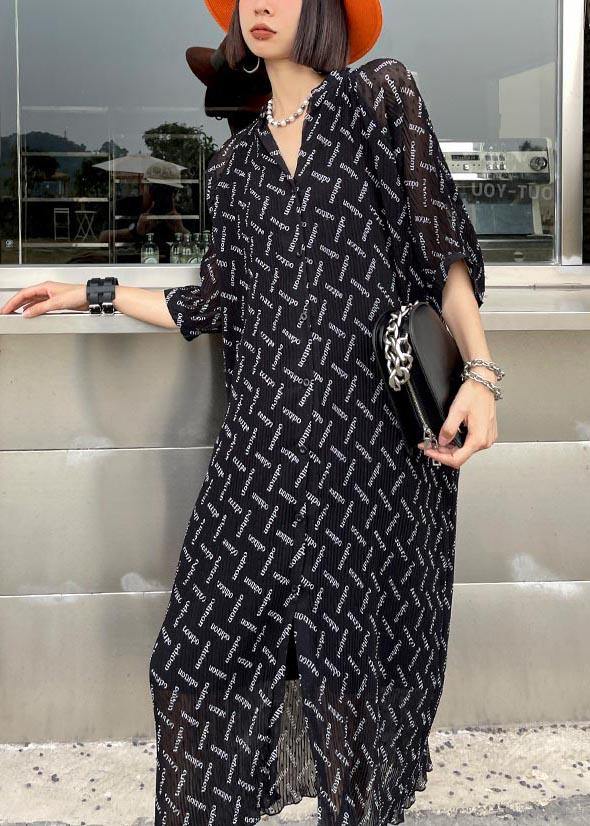 Casual Black Print Chiffon Short Sleeve long shirts Summer Dresses - Omychic