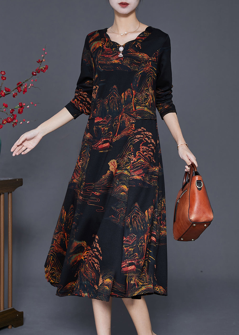 Casual Black Print Exra Large Hem Cotton Maxi Dress Fall