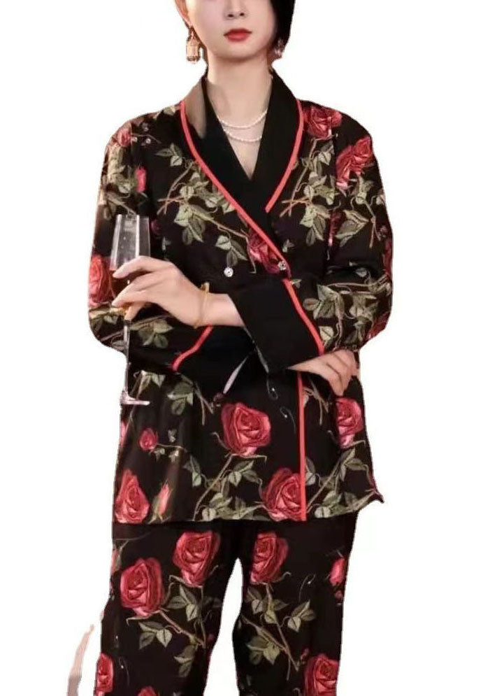 Casual Black Print Oversized Double Breast Ice Silk Pajamas Two Piece Set Spring