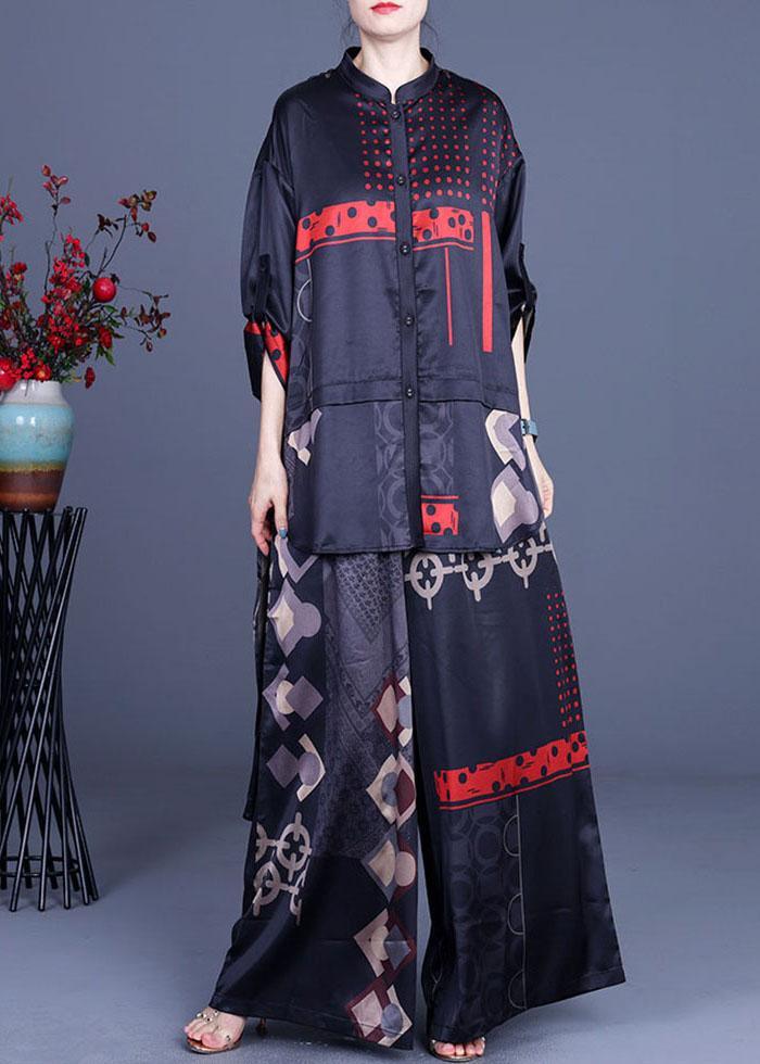 Casual Black Print Silk Low high design Wide Leg Women Two Pieces Sets - Omychic