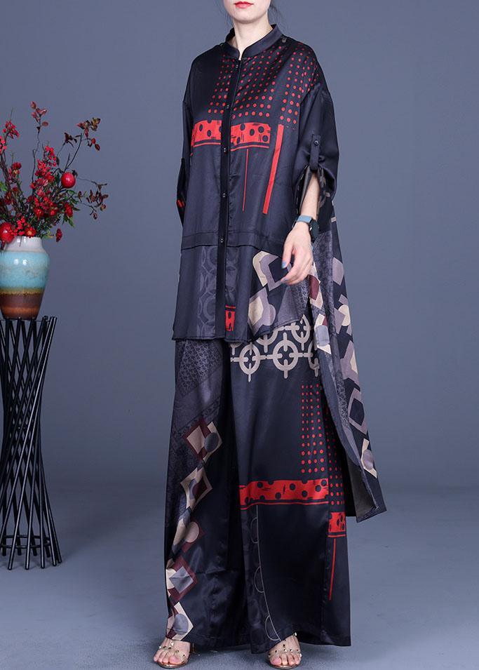 Casual Black Print Silk Low high design Wide Leg Women Two Pieces Sets - Omychic