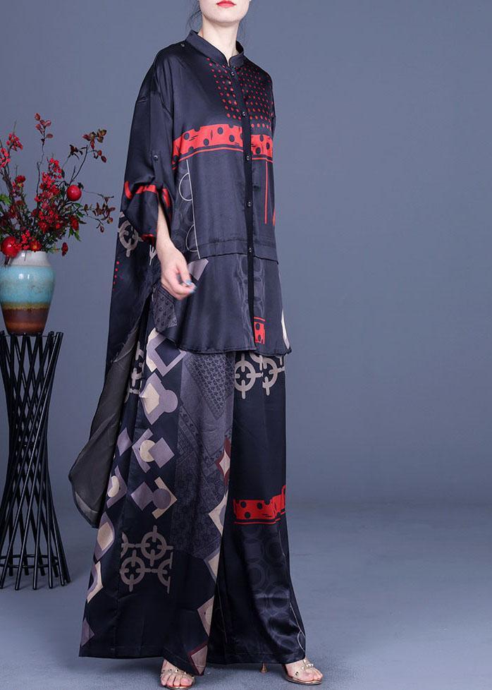 Casual Black Print Silk Low high design Wide Leg Women Two Pieces Sets - Omychic