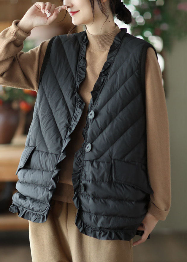 Casual Black Ruffled Solid Thick Duck Down Vest Tops Winter