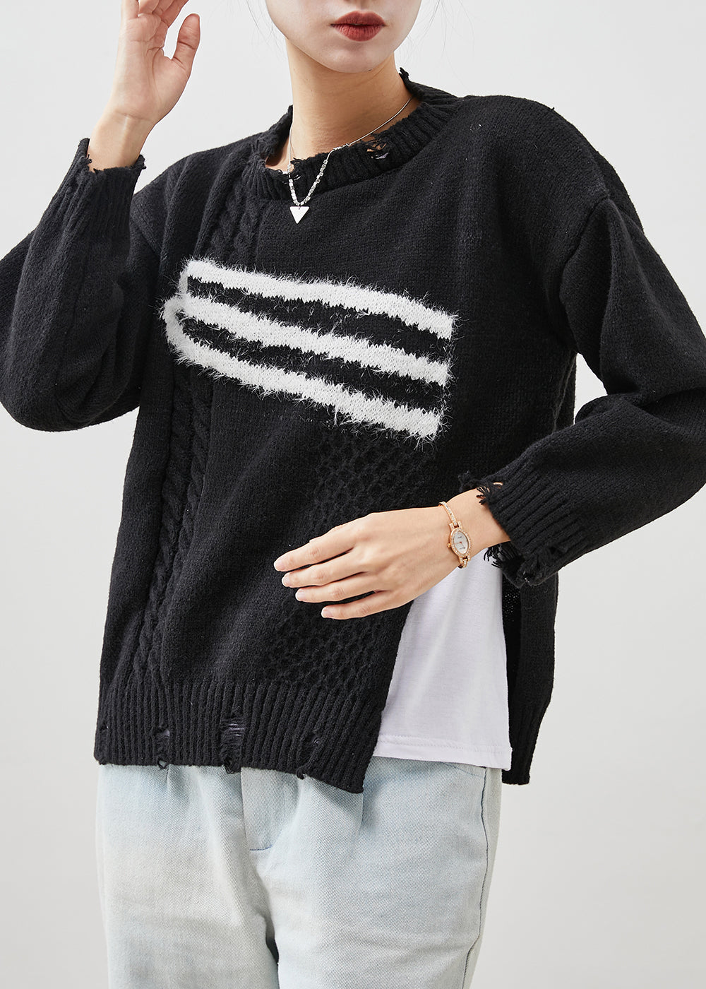 Casual Black Side Open Knit Ripped Sweaters Winter