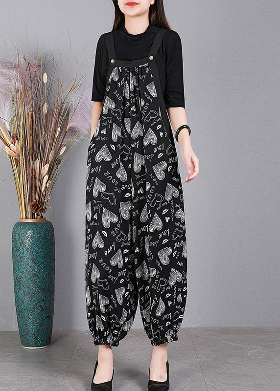 Casual Black Slash Neck Button Print Cotton Pockets Jumpsuits Summer