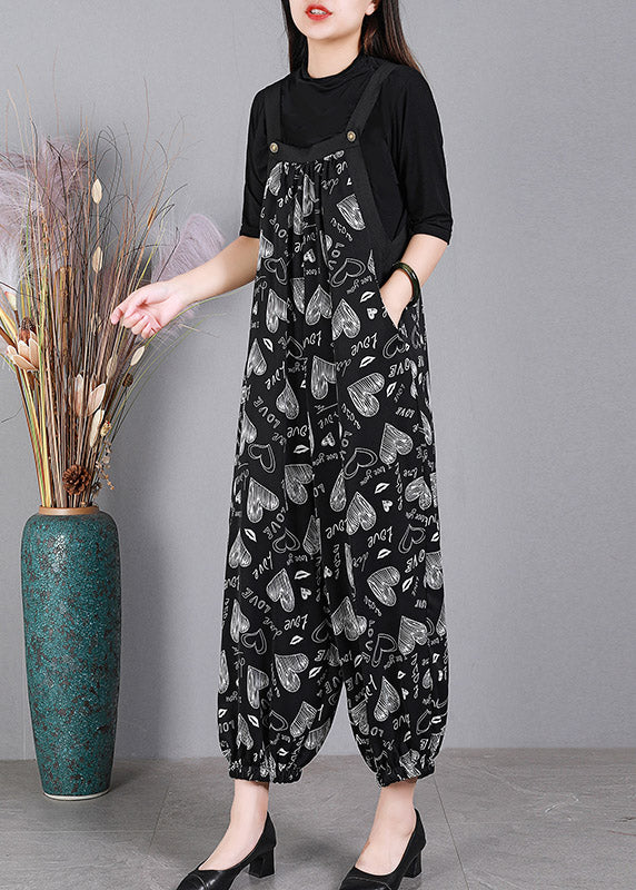 Casual Black Slash Neck Button Print Cotton Pockets Jumpsuits Summer