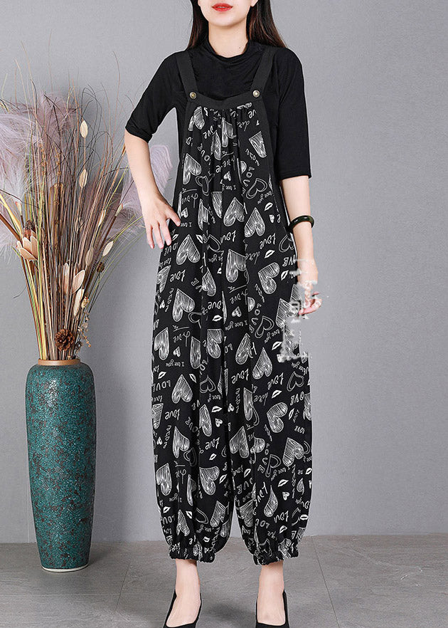 Casual Black Slash Neck Button Print Cotton Pockets Jumpsuits Summer