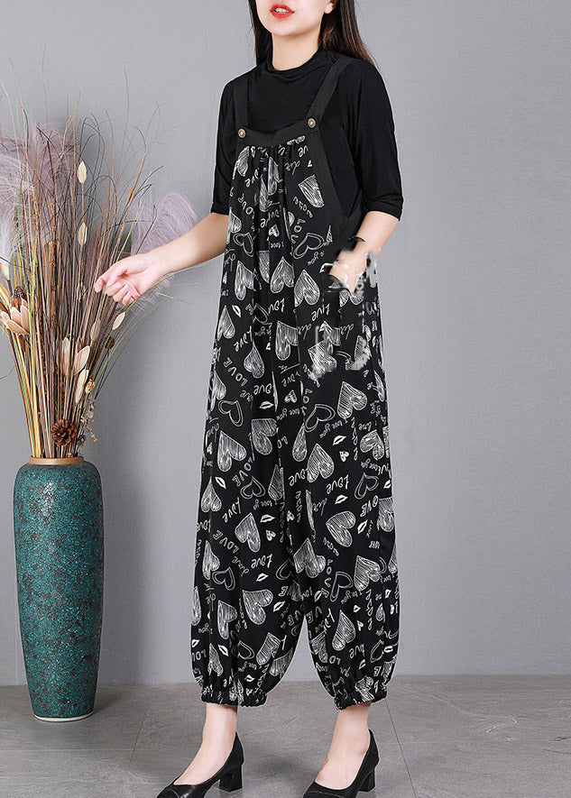 Casual Black Slash Neck Button Print Cotton Pockets Jumpsuits Summer