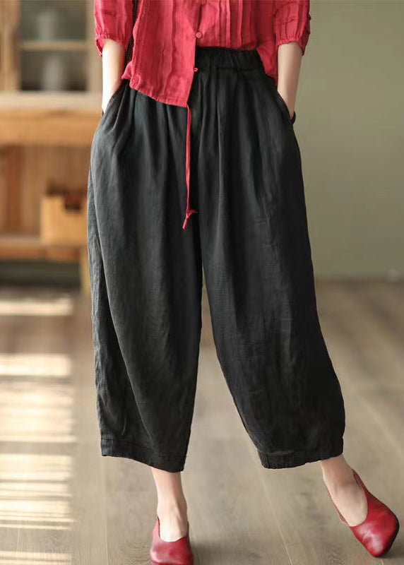 Casual Black Solid Pockets High Waist Linen Harem Pants