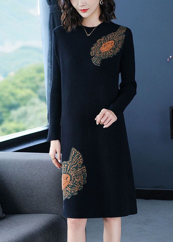 Casual Black Stand Collar Jacquard Knit Sweater Dress Winter