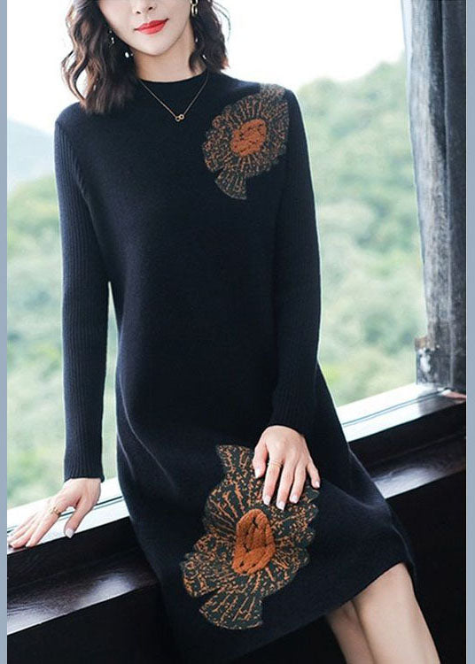 Casual Black Stand Collar Jacquard Knit Sweater Dress Winter