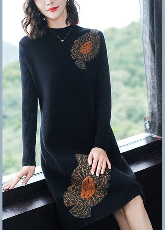 Casual Black Stand Collar Jacquard Knit Sweater Dress Winter