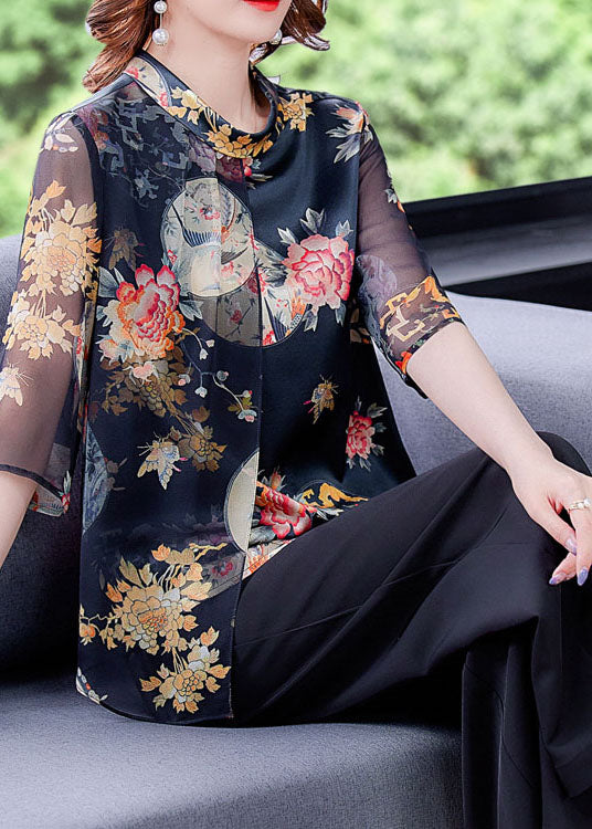 Casual Black Stand Collar Patchwork Tulle Print Silk Shirts Half Sleeve